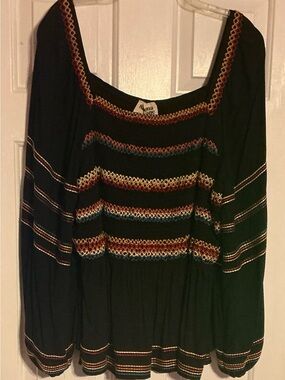 Anna Sui Black Boho Embroidered Peasant Blouse